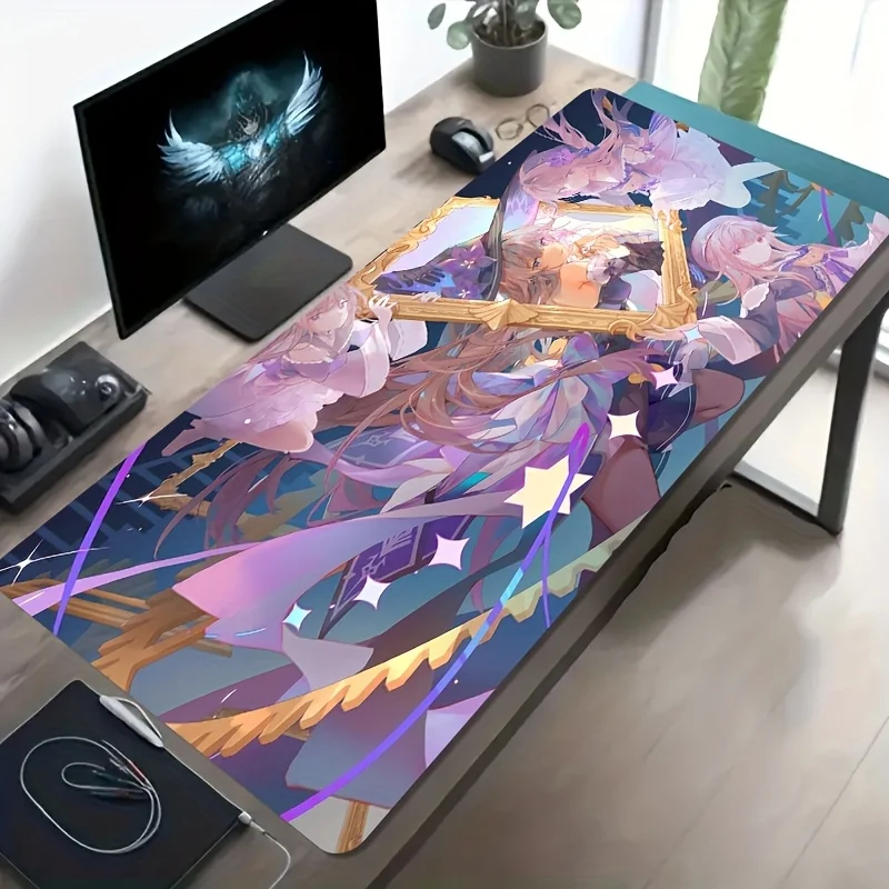 Large Esports Gaming Mouse Pad Golden Frame Purple Blue Star Track Character Print Non Slip Washable Rubber Office Desk Mat