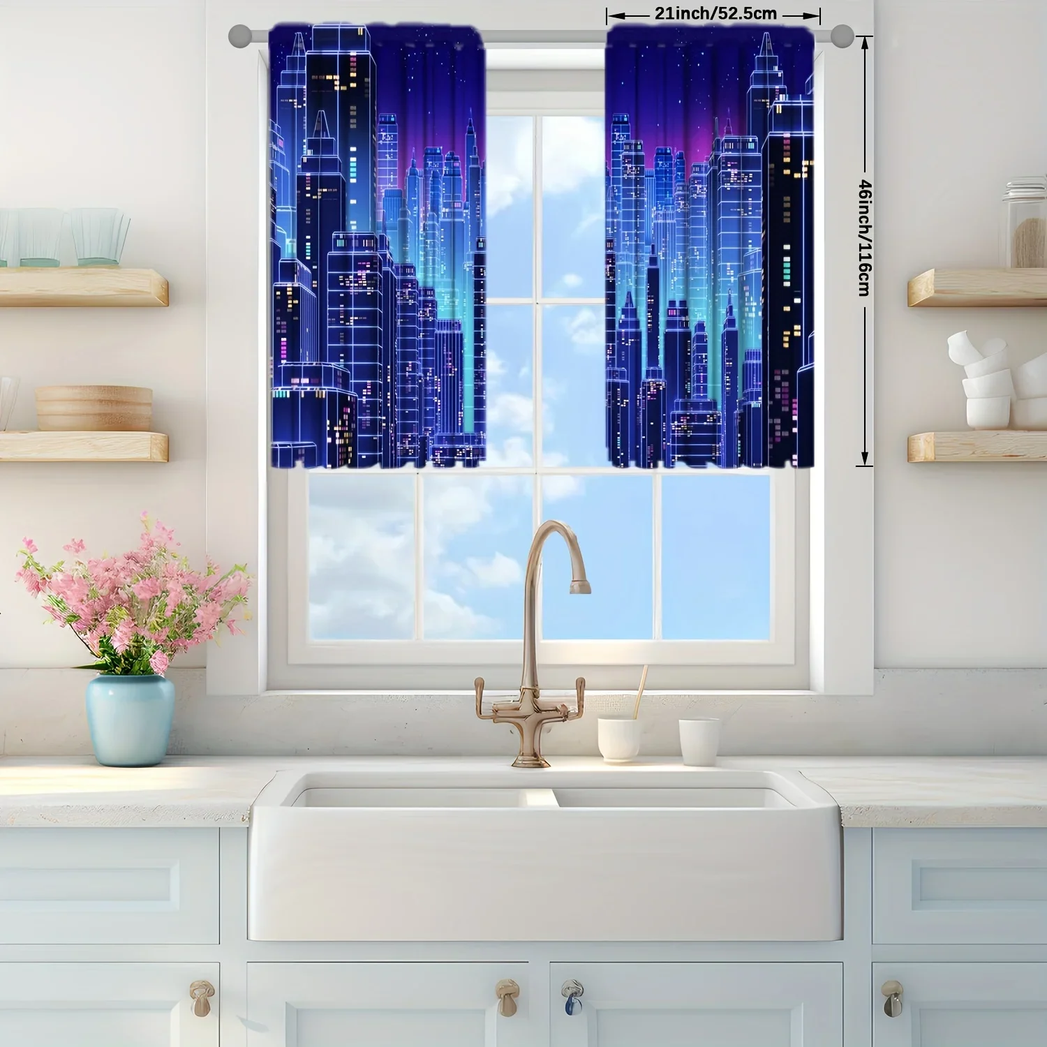 2pcs Neon City Printed Curtain for Home Decor - Rod Pocket Window Treatment for Bedroom, Office, Kitchen, Living Room, and Study