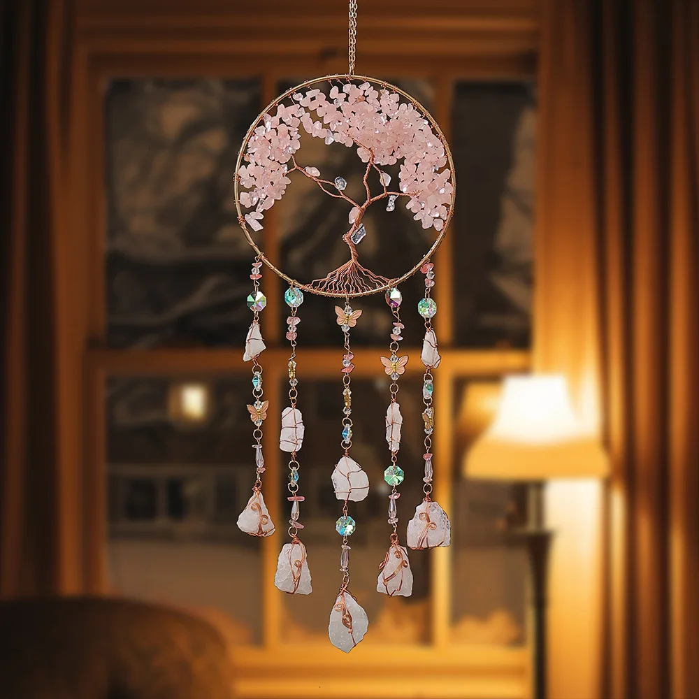 

Crystal Pink Quartz Sun Catcher Gems Natural Stone Chakra Tree of Life Suncatcher Dream Catchers Hanging Healing Decor Xmas Gift