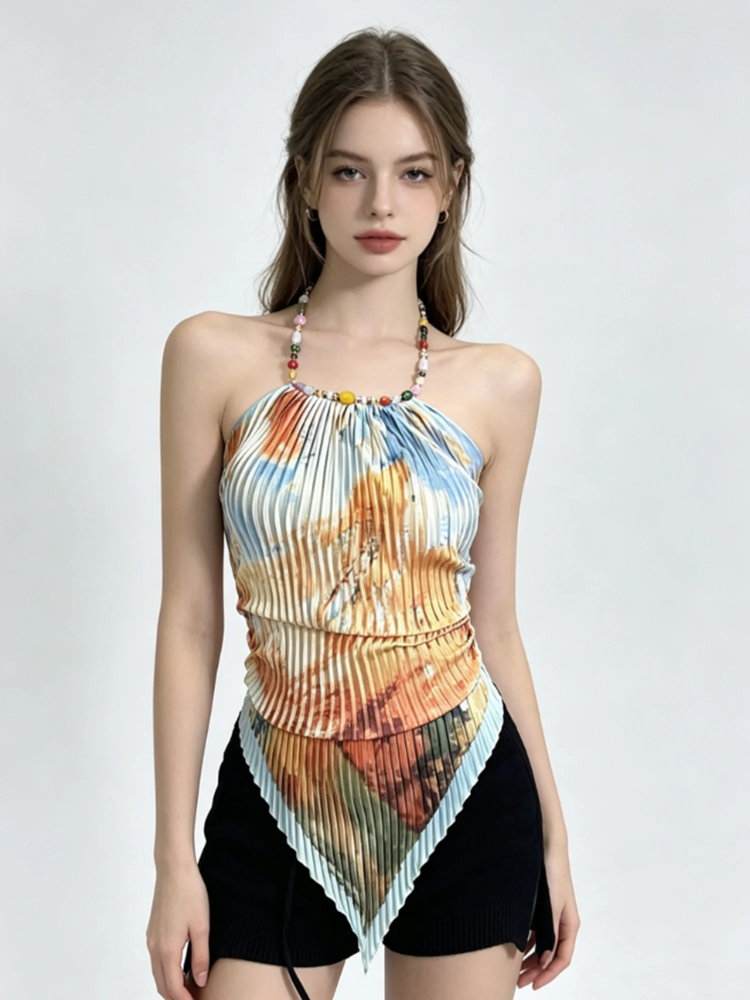Women's Yellow Oil Painting Print Halter Cami Top Vintage Y2K Gyaru Sleeveless Off Shoulder Tank Top for Women Summer 2026 New