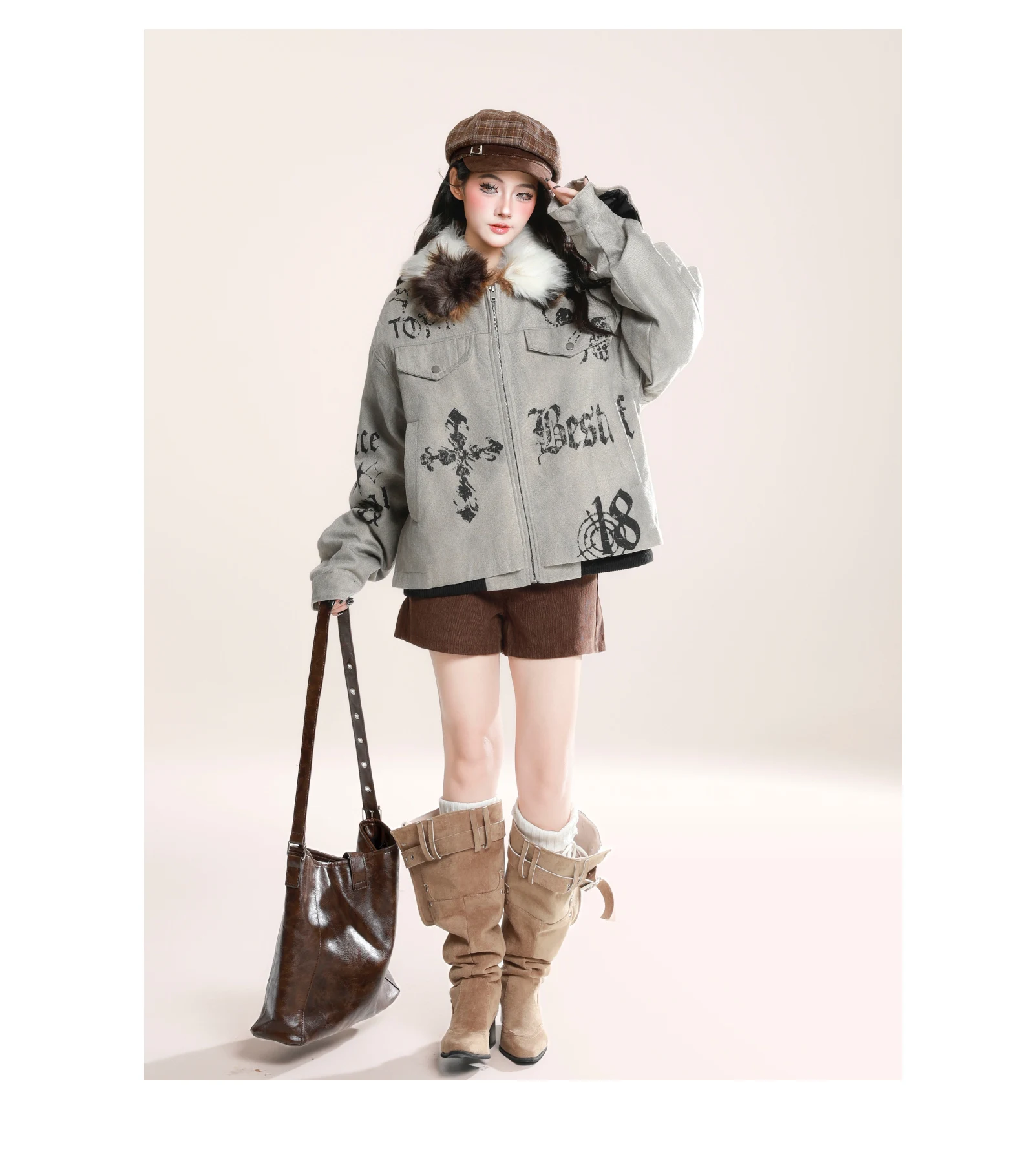 خريف شتاء جديد الأمريكية الرجعية المرأة الشرير القوطية طباعة فضفاضة عادية الأصفر الفراء طوق وسادة مبطنة السراويل البني #4