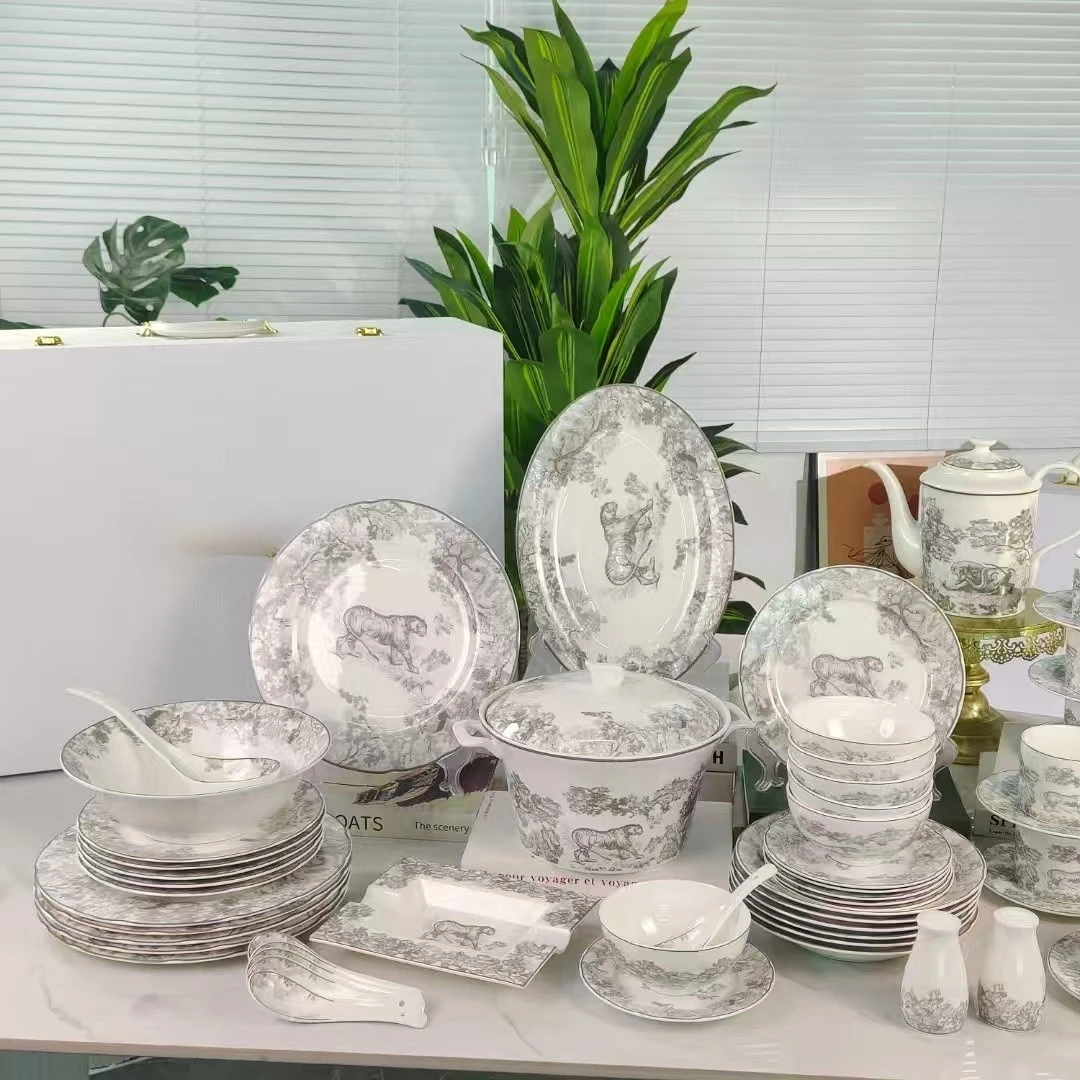 European Style Household Bone China Western Style Steak Plate, Coffee Cup, Dish, Bowl, Spoon Combination, Tiger Series Tableware