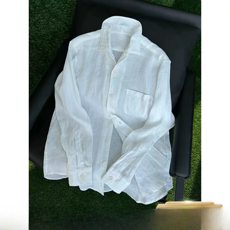 Lightweight Breathable Loose Fit Long Sleeve Men's Linen Shirt  Cotton Linen Casual Workwear Shirt Sun Protection Singl...