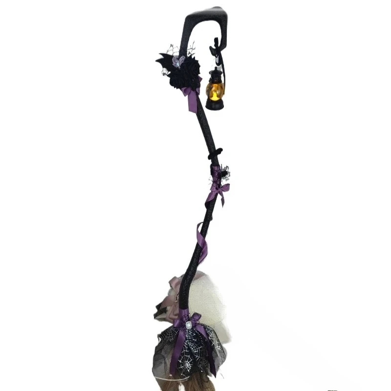 Dark goth witch broom, halloween witch broom prop jack-o-lantern black magic wand