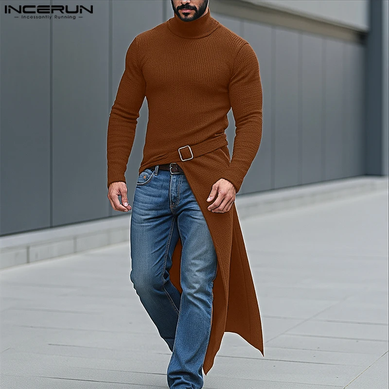 INCERUN الرجال نمط طويل تي شيرت بلون الياقة المدورة طويلة الأكمام غير النظامية المحملة القمم الرجال الشارع الشهير موضة ملابس الرجال غير رسمية