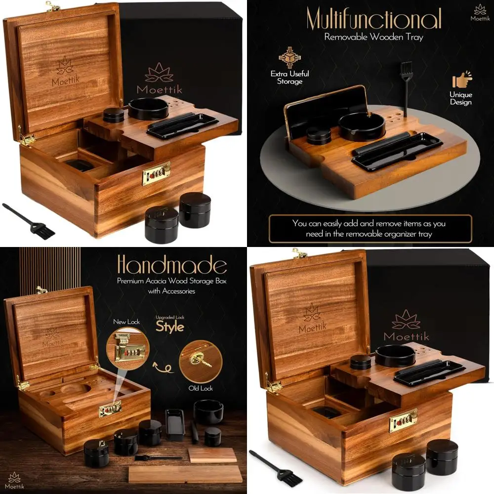 

Ароматически стойкий ящик для хранения из акации с замком, съемный деревянный поднос, 3 стеклянных баночка, трубка для хранения, керамический поднос, пепельница, кисть, брови