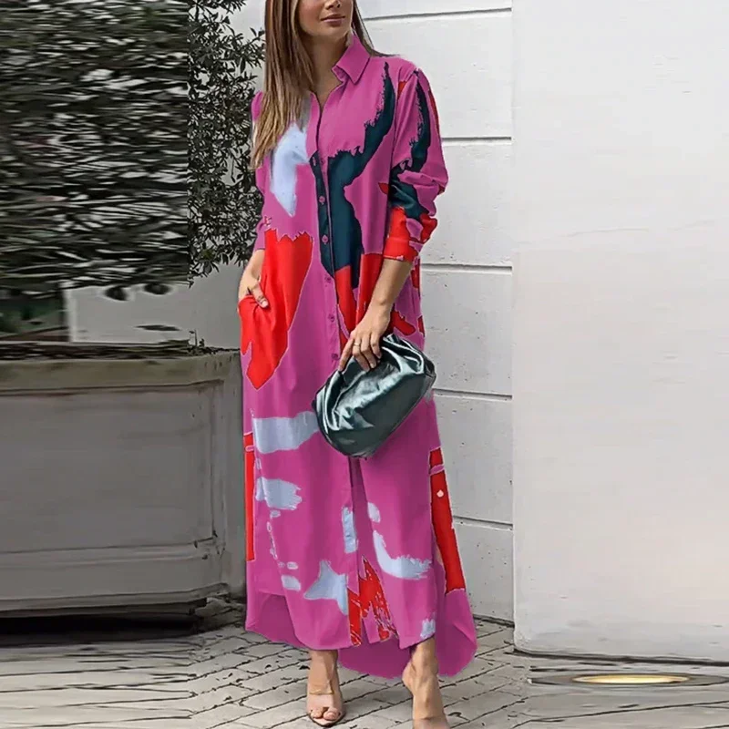 Women's Long Sleeve Printed Maxi Dress Turn Down Collar Long Shirt DressesCasual Loose Button Party DressesSpring and Autumn Fas