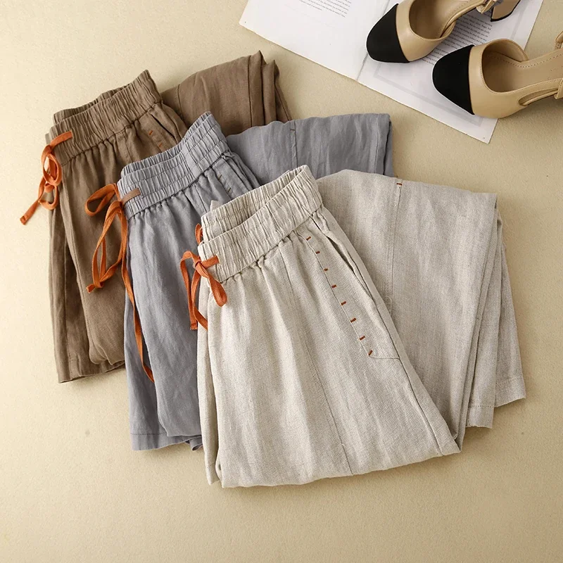 Khaki Cotton Linen Casual Elastic High Waist Loose Wide Leg Women\'s Pants Ankle-Length Pants For Women Clothing 2024 Fashion