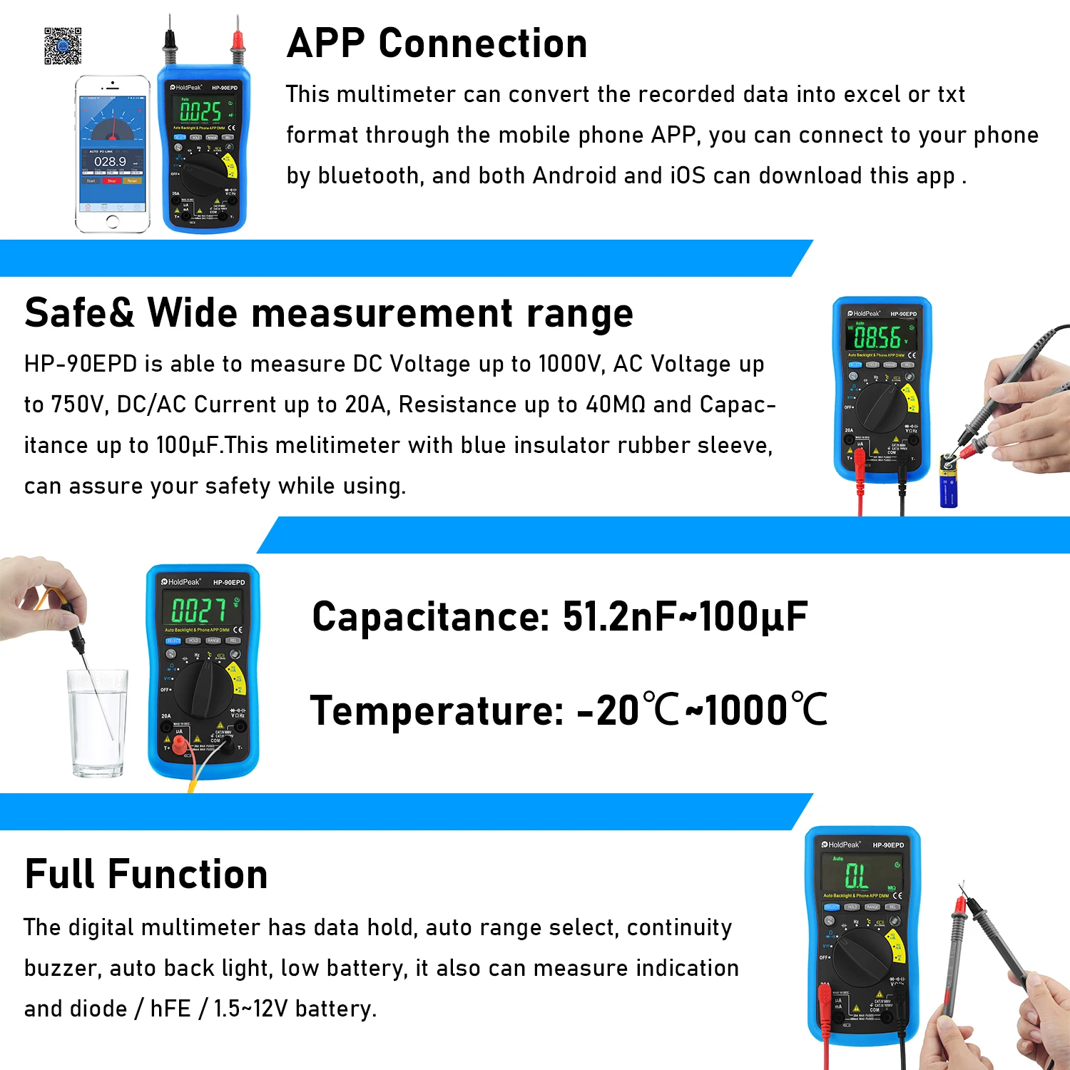 

Holdpeak 90EPD-APP True RMS Multimeter 6000 Counts Bluetooth APP Data Logger DC/AC Voltage Current Temp HVAC