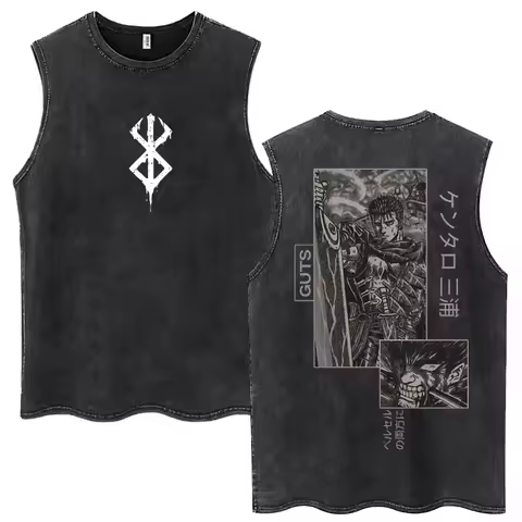 Anime Berserk Guts Washed Harajuku Tank Tops Retro Manga Gatsu Griffith Zodd Sleeveless T Shirts Unisex Cotton Oversized T-Shirt