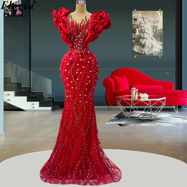 Crystal Red Evening Dresses Mermaid Luxury Evening Gowns Pearls Wedding Party Dress Vestidos De Fiesta Elegantes Para Mujer 2023
