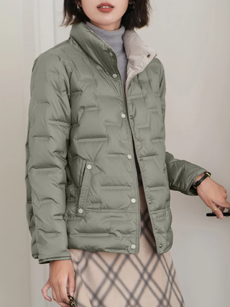 FTLZZ-Parka puffer leve para mulheres, casaco de pato branco, jaqueta de peito único, gola stand, outwear casual, moda outono e inverno