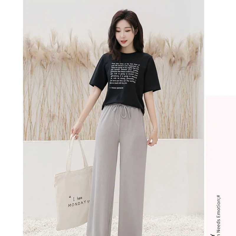 Women Wide Leg Long Pants Casual Solid Elastic Waist loose Ankle-Length Ice silk Pants Spring Summer female trousers