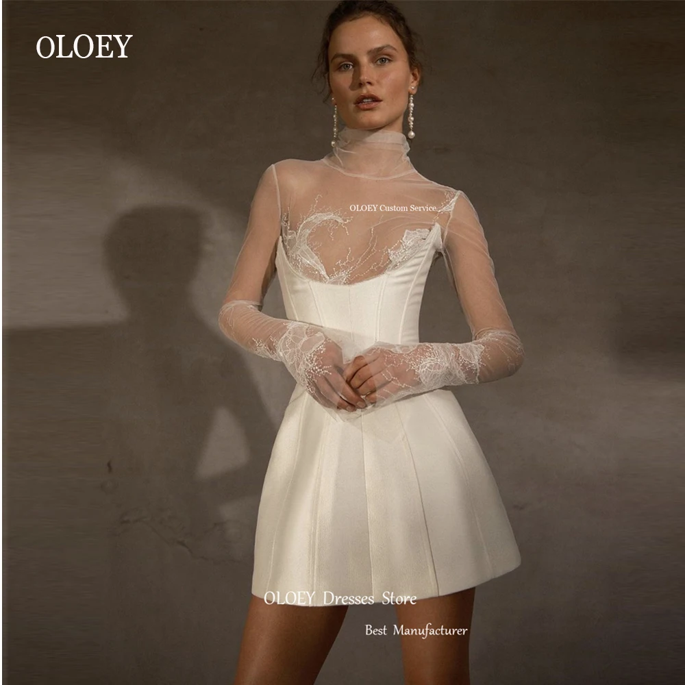 OLOEY 2023 New Short Weddding Dresses Long Sleeves High Neck Tulle Thick Satin Mini Sexy Bridal Gowns Women Cocktail Formal