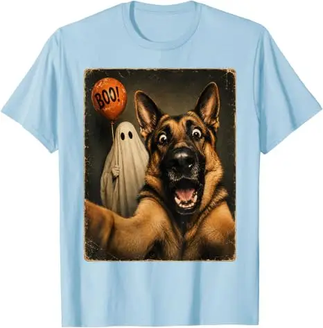 Deutscher Schäferhund Halloween Geister-Selfie Boo Hund Meme Grafik T-Shirt Y2k Gruselige Jahreszeit Hundeselfie Grafik Kleidung für Frauen Männer – Detail 18
