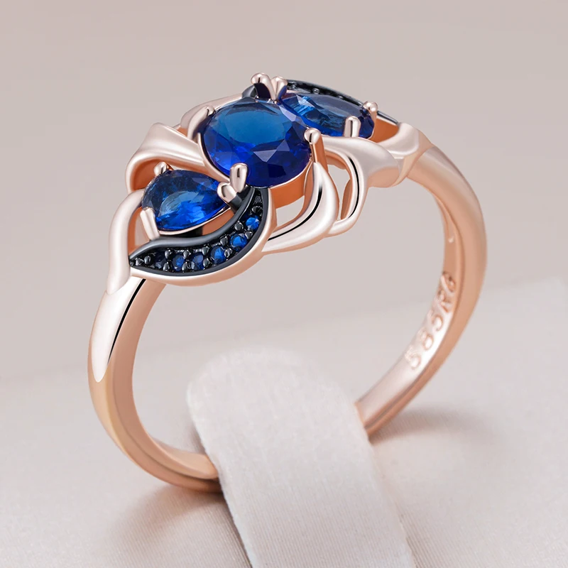 Kinel Hot Blue Natural Zircon Rings For Women 585 Rose Gold and Black Plating Vintage Crystal Flower Daily Fine Jewelry Gift