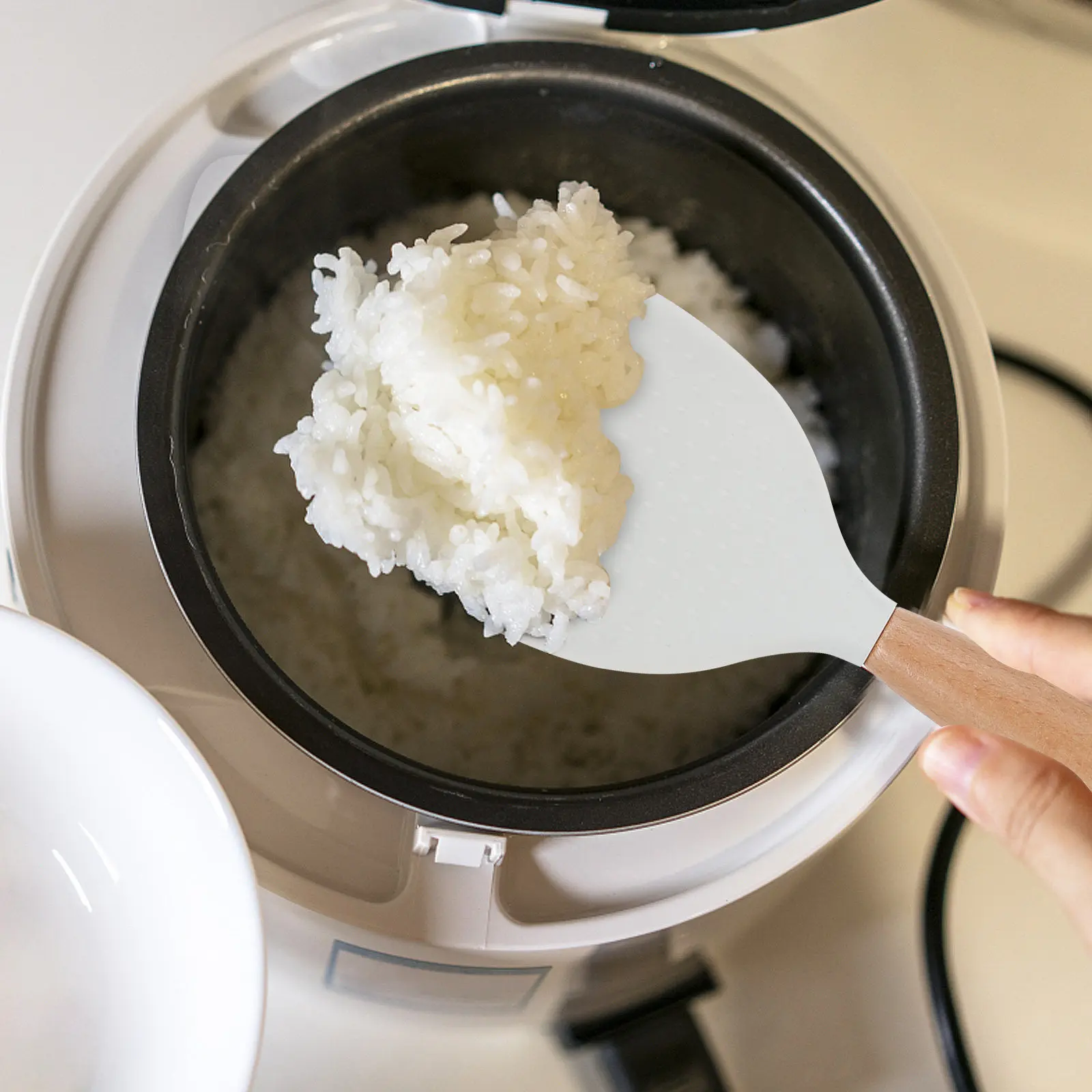 2Pcs Silicone Rice Paddle Heat Resistant Non Stick Self Standing Rice Spoon Wooden Handle Kitchen Cooking Serving Tool