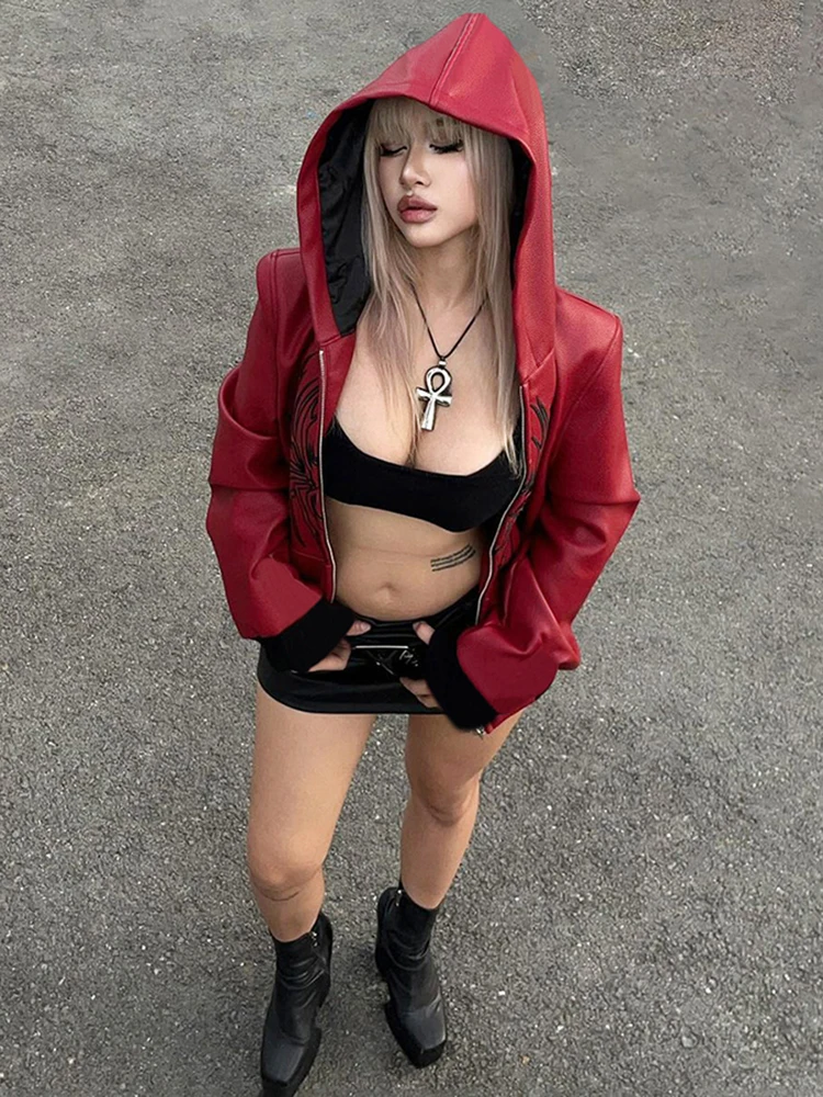 

CUtenew Leather Zip Hooded Jacket Women Print Patchwork Full Sleeve Streetwear Autumn Hipster Hottie Locomotive Style Crop Coat