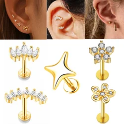 1pc Stainless Steel Four-Pointed Star Cartilage Earring Helix Tragus Flatback Flower Zircon Labret Stud Piercing Body Jewelry