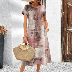 Summer Short Sleeves Dresses Women Dress Loose Classy A-Line Skirt Retro Patchwork Woman Clothing Casual Round Collar Pullover