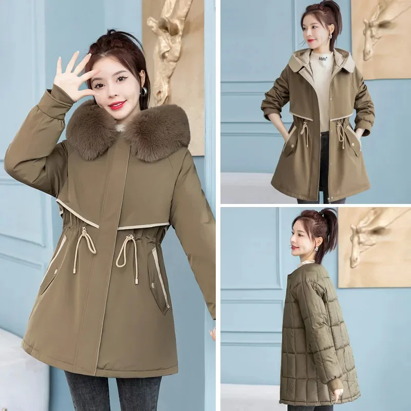 Women\'s Parker Medium Long Inner Detachable Hooded Coat 2024 New Cotton Jacket Thicken Winter Coat Female Warm Parkas Overcoat