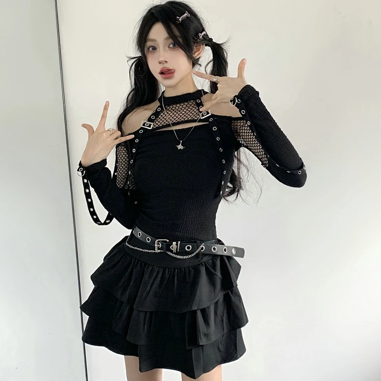 

Gothic Vintage Y2K Cyberpunk 2 Piece Set Women's Fishnet Off-Shoulder T-shirt+Belt Puffy Midi Skirt Street Subculture Sexy Set