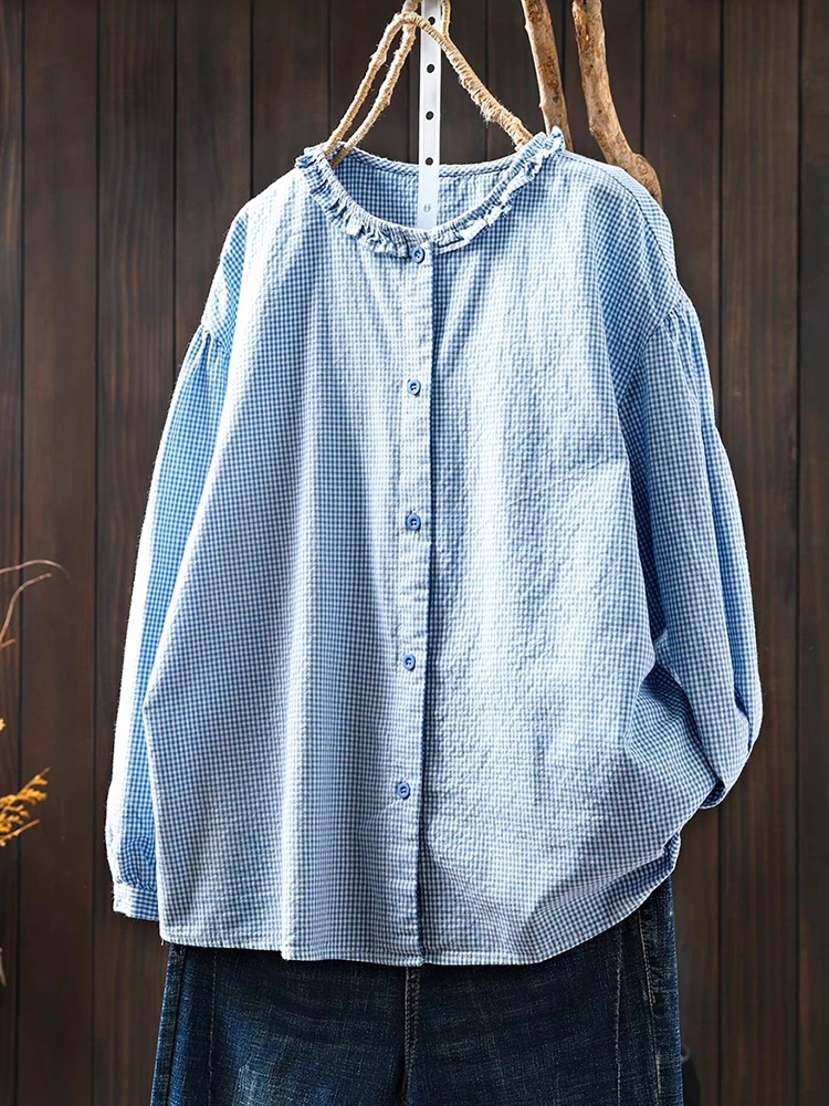 Women Long Sleeve Cotton Shirt New Arrival 2025 Spring Vintage Style O-neck Plaid Pattern Loose Female Casual Tops Shirts M1122