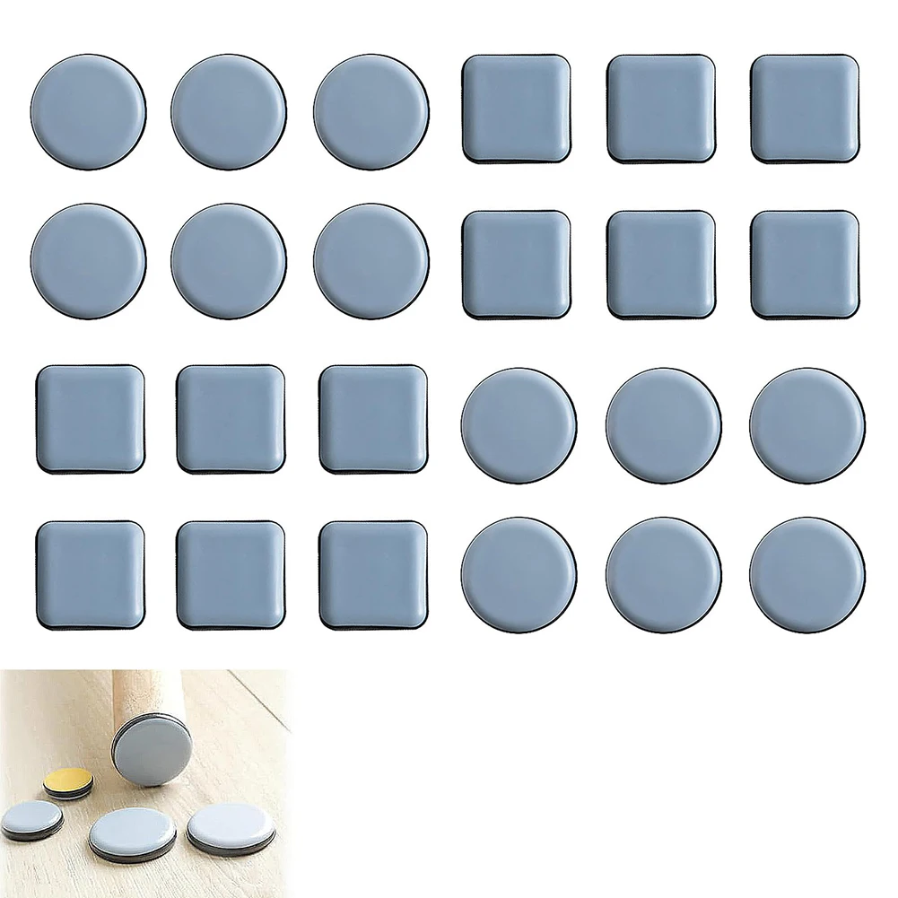 24-Pack PTFE Furniture Sliders with Dual Format 12 Square 20x20mm and 12 Round 20mm for Use on Hardwood Tile Laminate and More