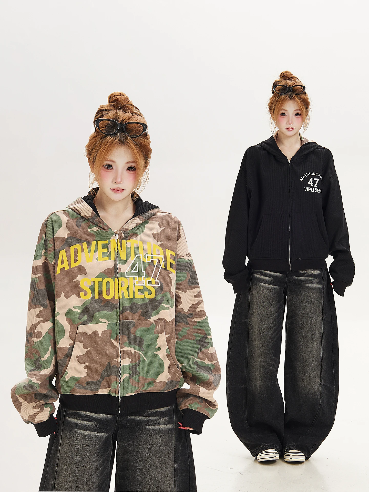 American Retro Camouflage Print Hooded Jacket Women Loose Two-Sided Wear Sweatshirt Cardigan Autumn Season Casual Style