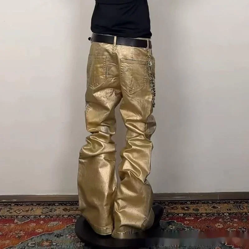 HKSH Autumn Men Original RO Coated Gold-Plated Opium 3D Cat Whisker Floor-Length Flared Jeans Printed Trendy Denim Pants HK27876