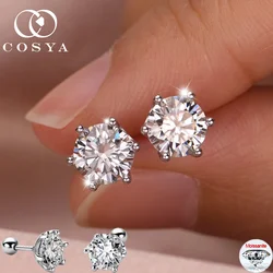 COSYA 0.2-2CT D Color VVS1 Moissanite Screw Back Earrings For Women Men S925 Silver Lab Diamond Six Claw EarStud Fine Jewelry