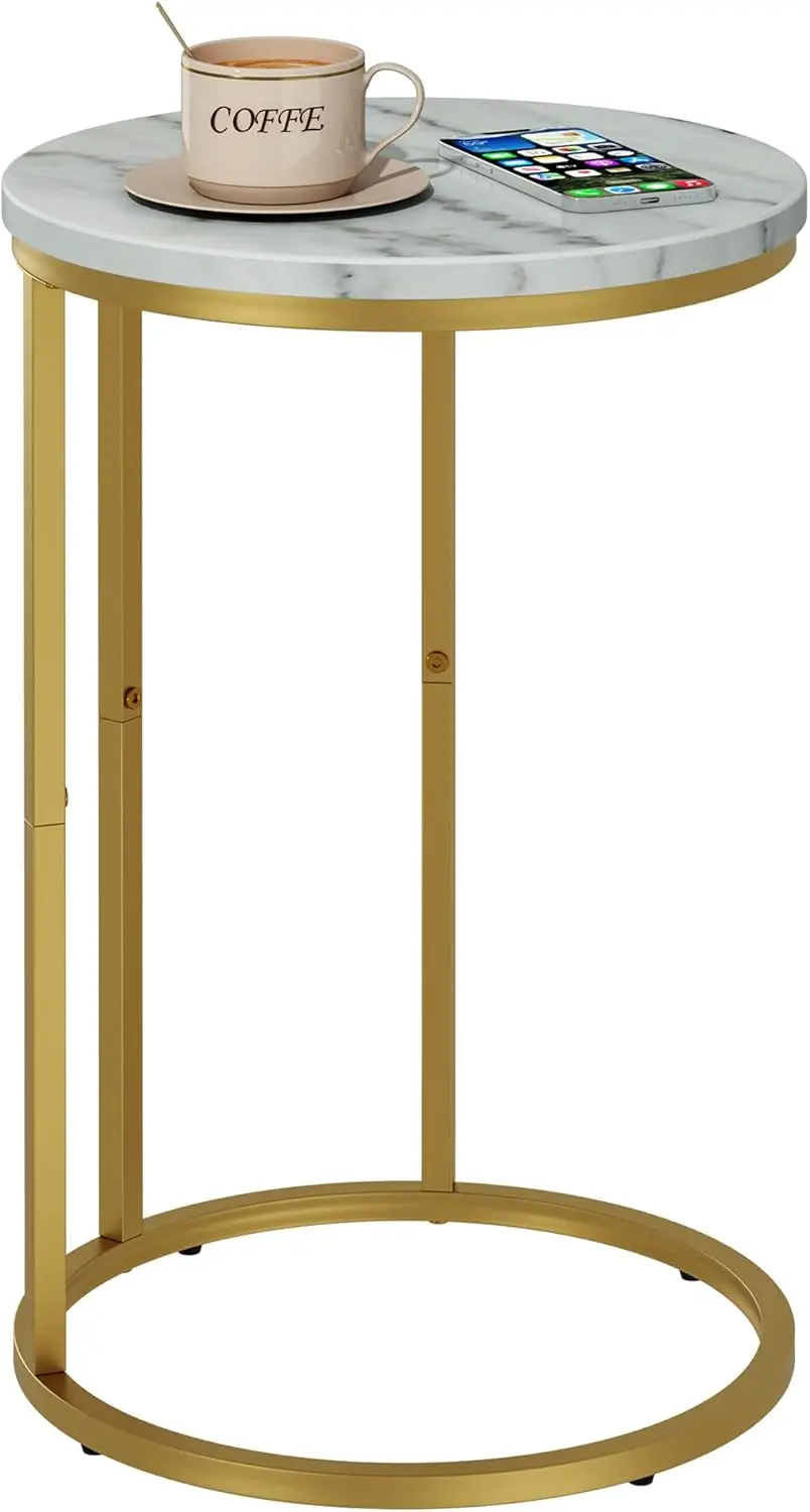 

C-Shaped Marble Side Table with Gold Frame