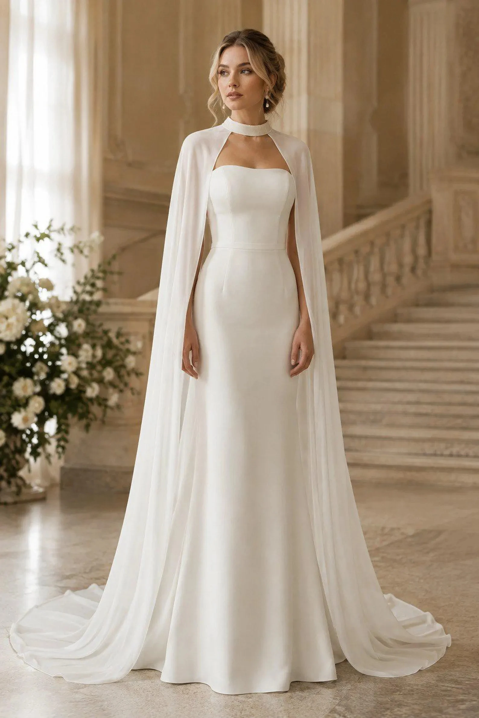 Customized Chiffon Wedding Cape Cathedral Shawl with Train Bridal Long Shoulder Cloak Accessory Wedding Cover