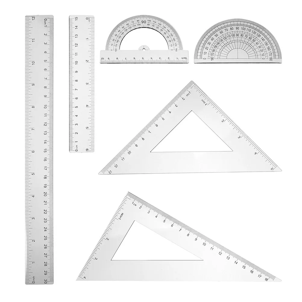 

6Pcs Geometry Set Triangle Rulers Protractors Semicircular Clear Plastic Measuring Tools for School Office Drafting