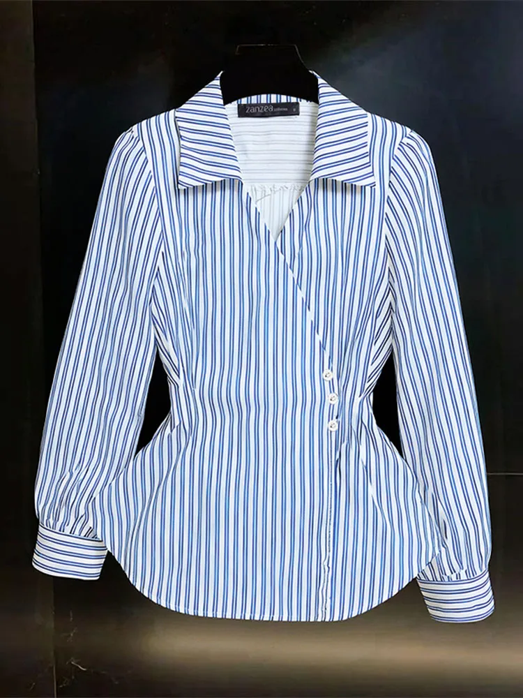 

ZANZEA Autumn Elegant Office Lady Shirts Women Long Sleeve Striped Blouse 2025 Fashion V-Neck Tunic Puff Sleeve Buttons Tops