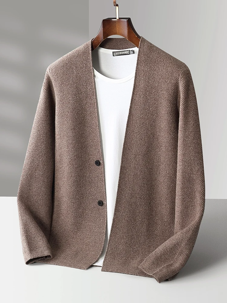 Cardigan Casual con scollo a v intelligente da uomo di nuova moda 100% maglione di lana Merino cappotto primavera autunno solido morbido Cashmere