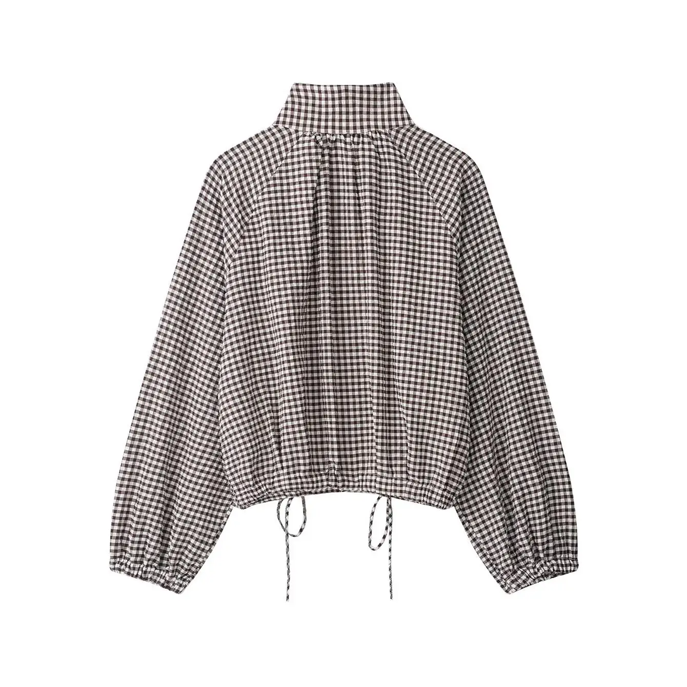 2026 Neue Damen Kurzarm-Bluse mit Langen Ärmeln, Stilvolle Karierte Freizeitbluse für Herbst und Frühling, Elegante Oberteile mit Stehkragen und Knöpfen – Detail 9