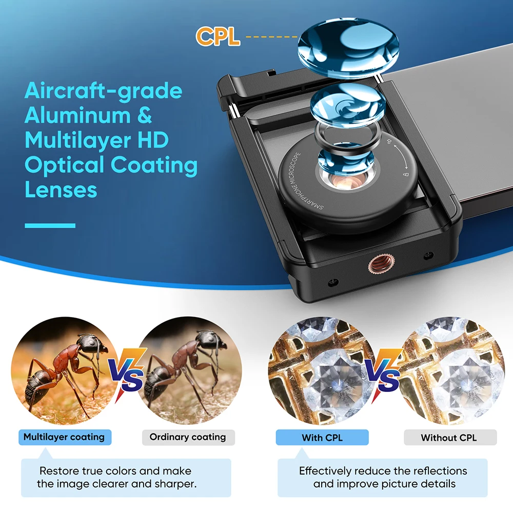 APEXEL Digital 100X lente per microscopio mini lenti portatili con luci di riempimento a LED adattatore per telefono con filtro CPL per telefoni