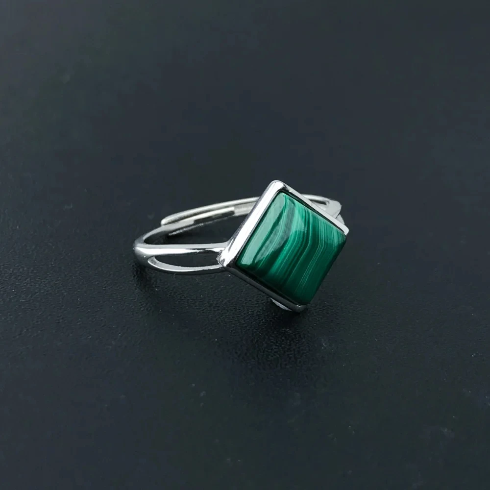 Trendy Natural Malachite Ring Sterling 925 Silver Square 8mm for Women Femme Birthday Wedding Party Trendy Jewelry Gift