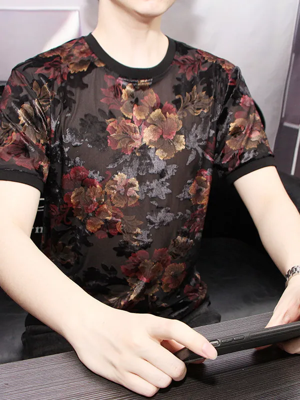 

Модная футболка с цветочным принтом и коротким рукавом, мужская летняя тонкая дышащая футболка с круглым вырезом, топ премиум-класса