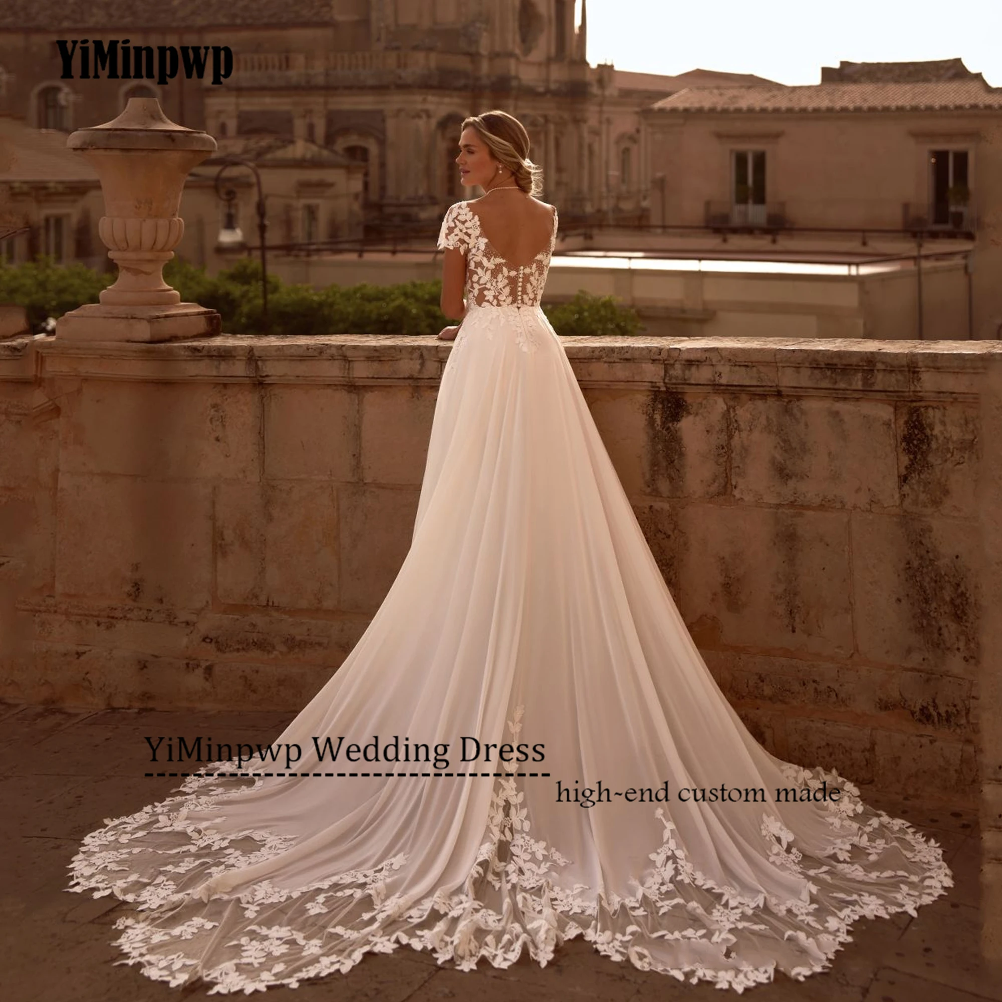 Gaun Pengantin Boho Applique Punggung Terbuka Kustom 2025 Gaun Pengantin Manik-manik Renda Sendok Lengan Pendek Wanita Gaun Pengantin Sifon Gaun Pengantin