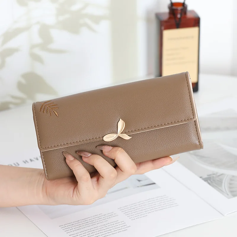 New women's long wallet hardware leaf embroidery three-fold bag multiple card slots folding handbag gift party fashion all-match
