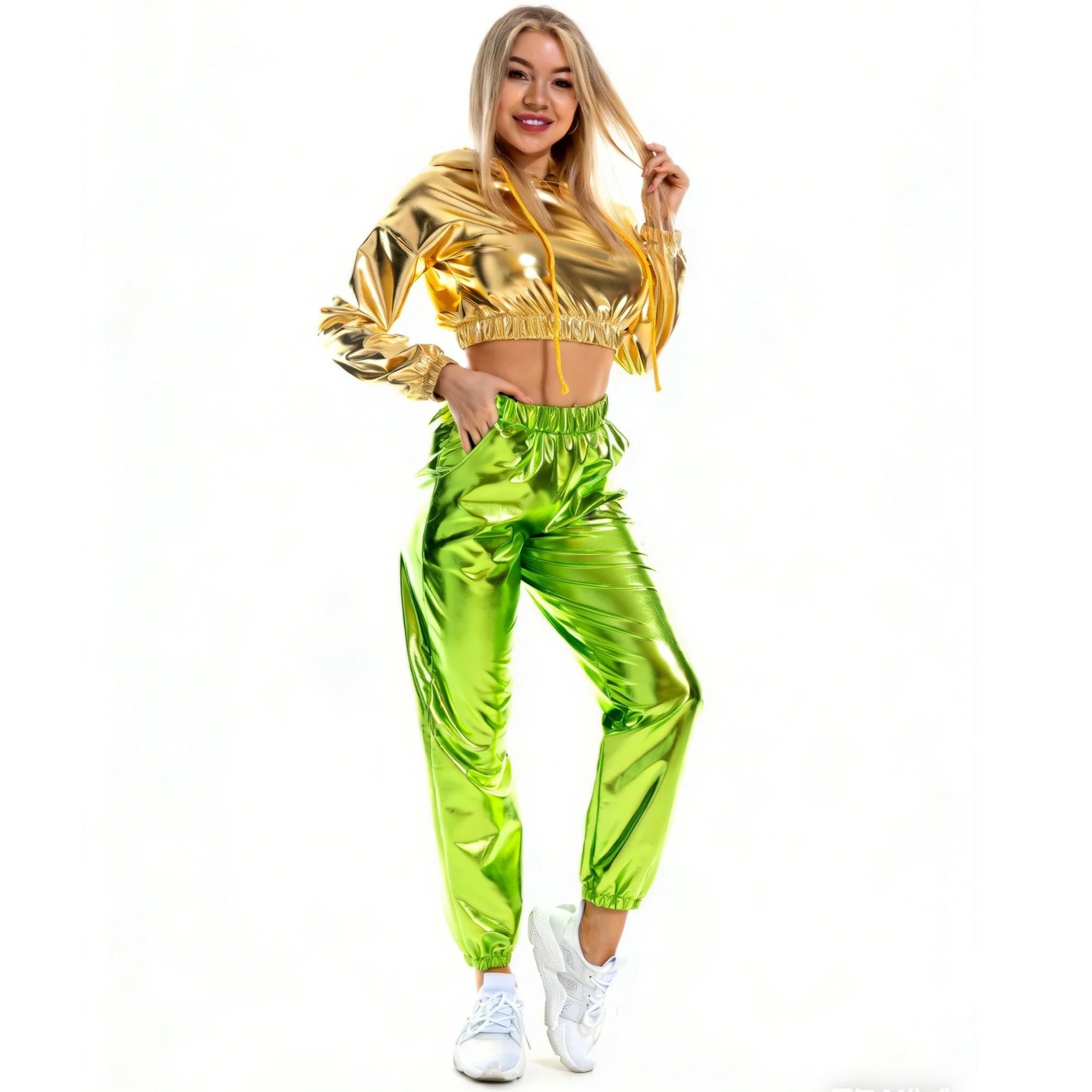 Glittery Women Jogger Pants Laser Loose Women's Trousers Street Hip-Hop Party Sparkly Long Pants Drawstring Ankle Clothes