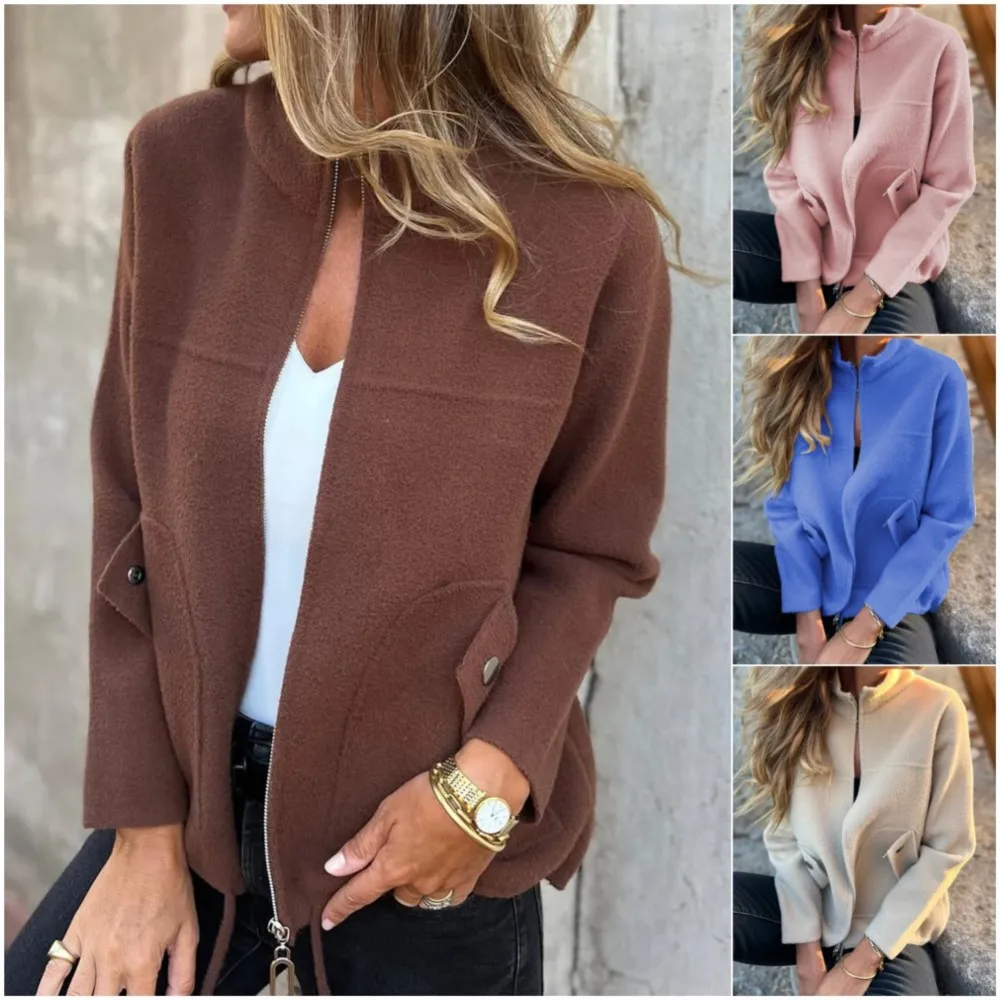 Veste en laine pour femmes, Cardigan décontracté à fermeture éclair, nouvelle mode, col montant, poche d'attache, ample, polyvalent, manteau en laine, 2025