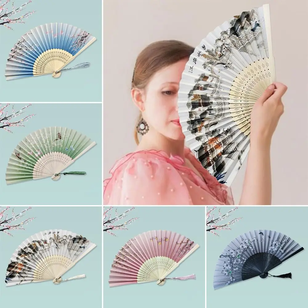 Outdoor Silk Vintage Folding Fan Colorful Bamboo Hand Fan Tassel Elegent Hand Fan Shank Classical Dance Fan Home Decoration