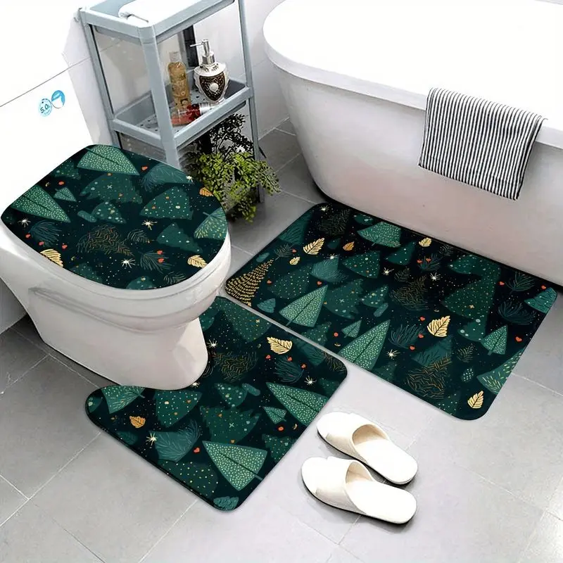 VIKAMA Christmas Toilet Mat Set Christmas Tree Print Flannel Bathroom Rug Toilet Seat Cover U Shape Non Slip Washable Floor Mat