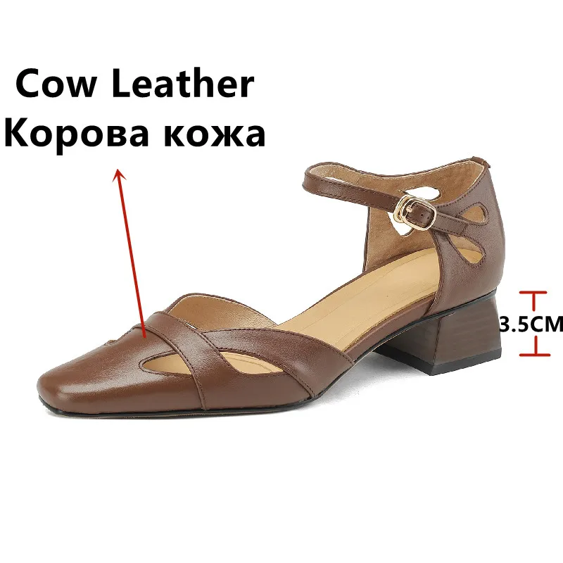 Dilalula Top Quality Women Genuine Leather Sandals Spring Summer Vintage Hollow Thick Heels Shoes Woman Casual Office Lady Pumps