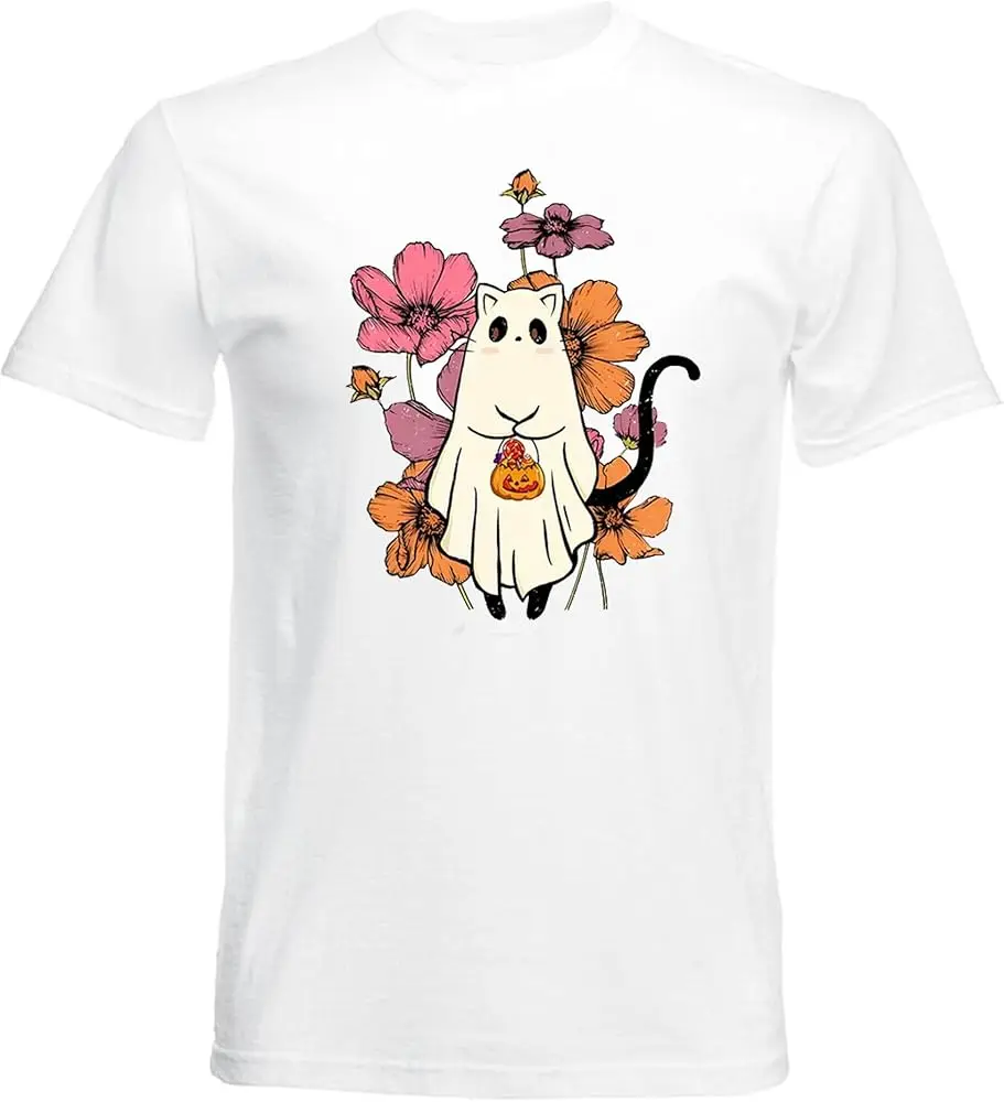 Halloween Süßes oder Saures Geist Katze mit Blumen, T-Shirts Baumwolle Luxusmarke Vintage übergroß