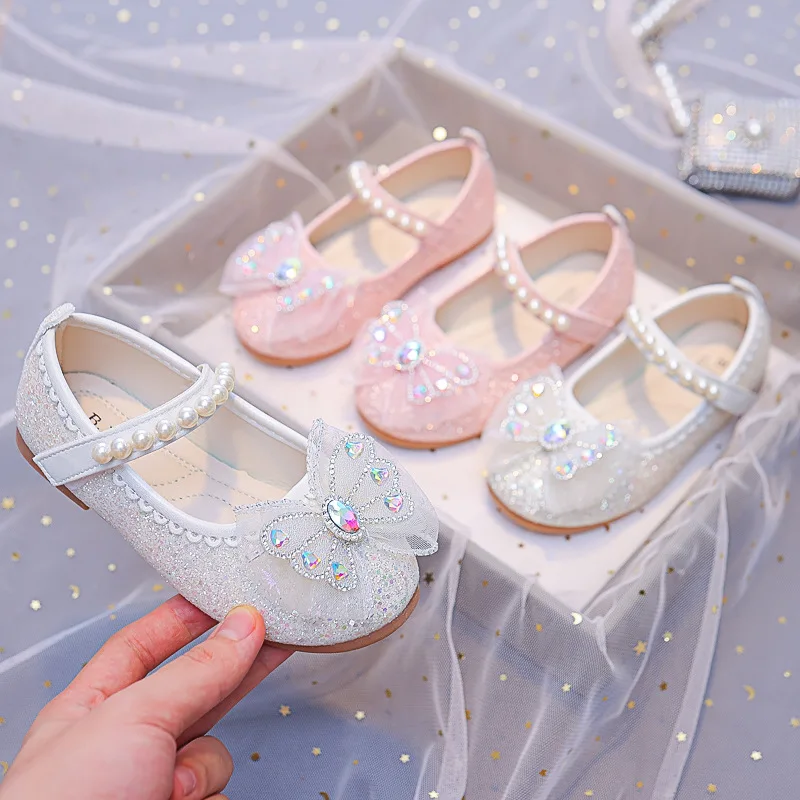 Luxury Design Children Leather Shoes Bow Rhinestone Princess Girls Party Dance Shoes Baby Student Flats Kids Performance Shoes