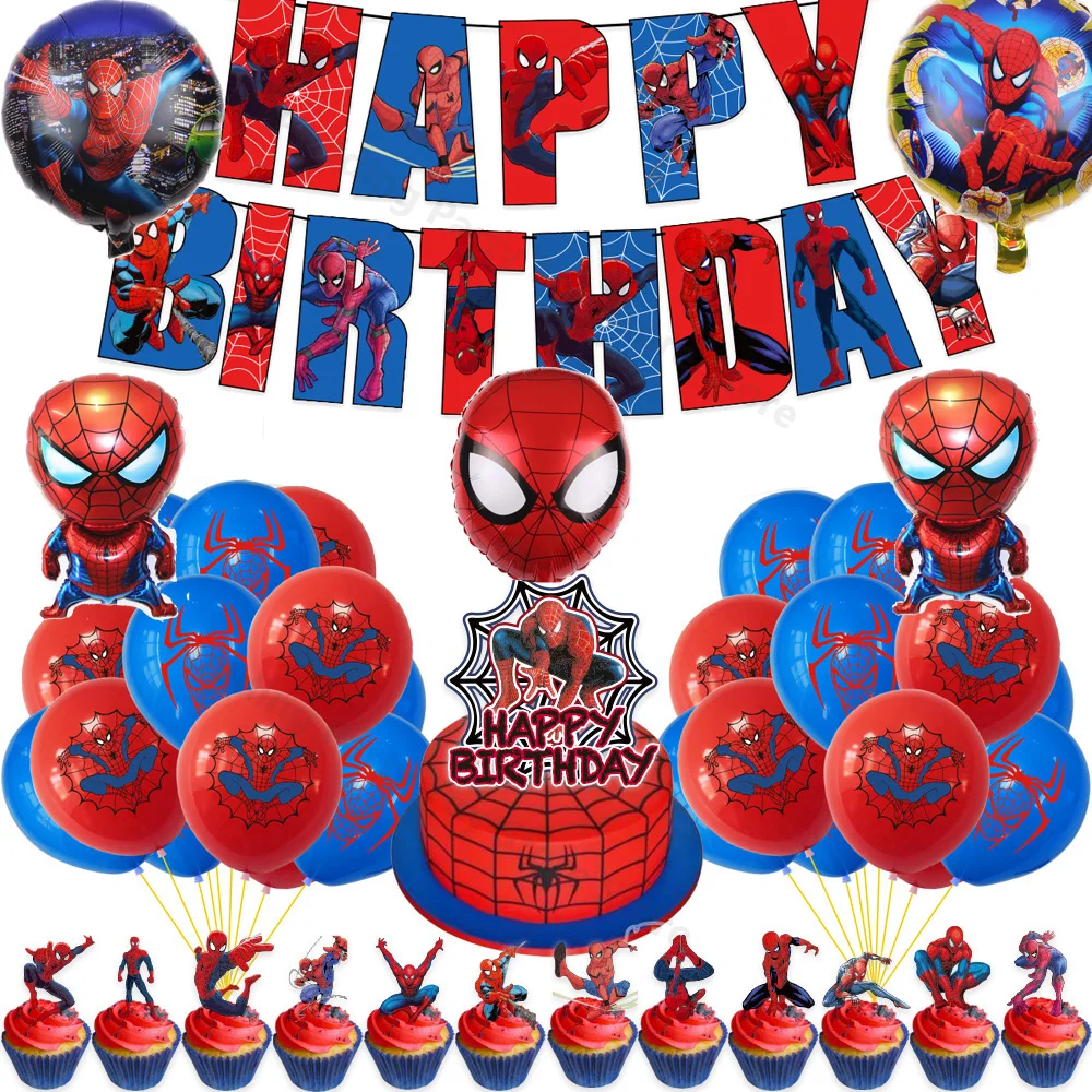 

New Spidey Theme Kids Birthday Party Decoration Aluminium Film Balloon Tableware Spiderman Theme Banner Cake Topper Latex Ballon